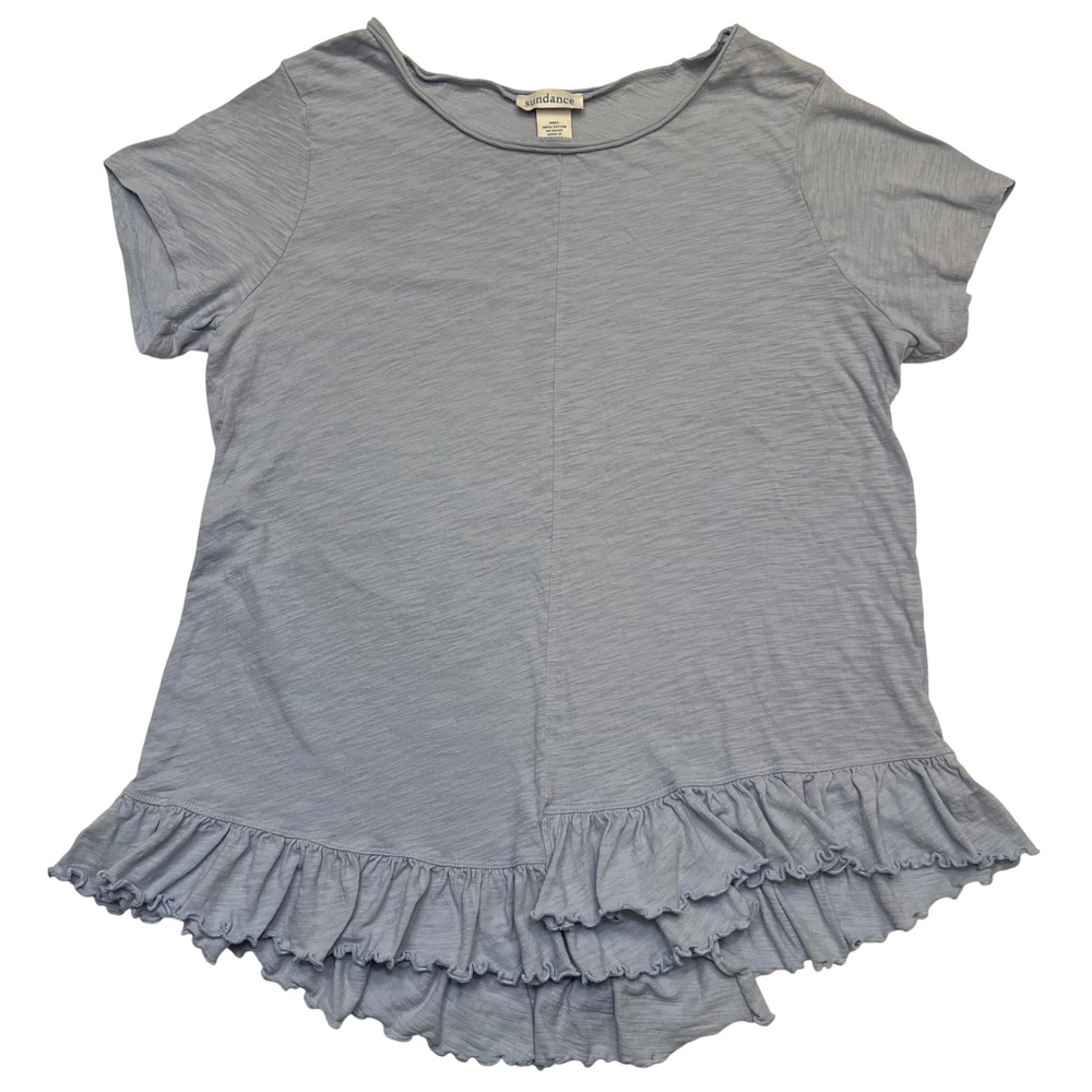 Sundance Blue Cottagecore Slub Cotton Ruffle Hem Short Sleeve Peplum Top Size M
